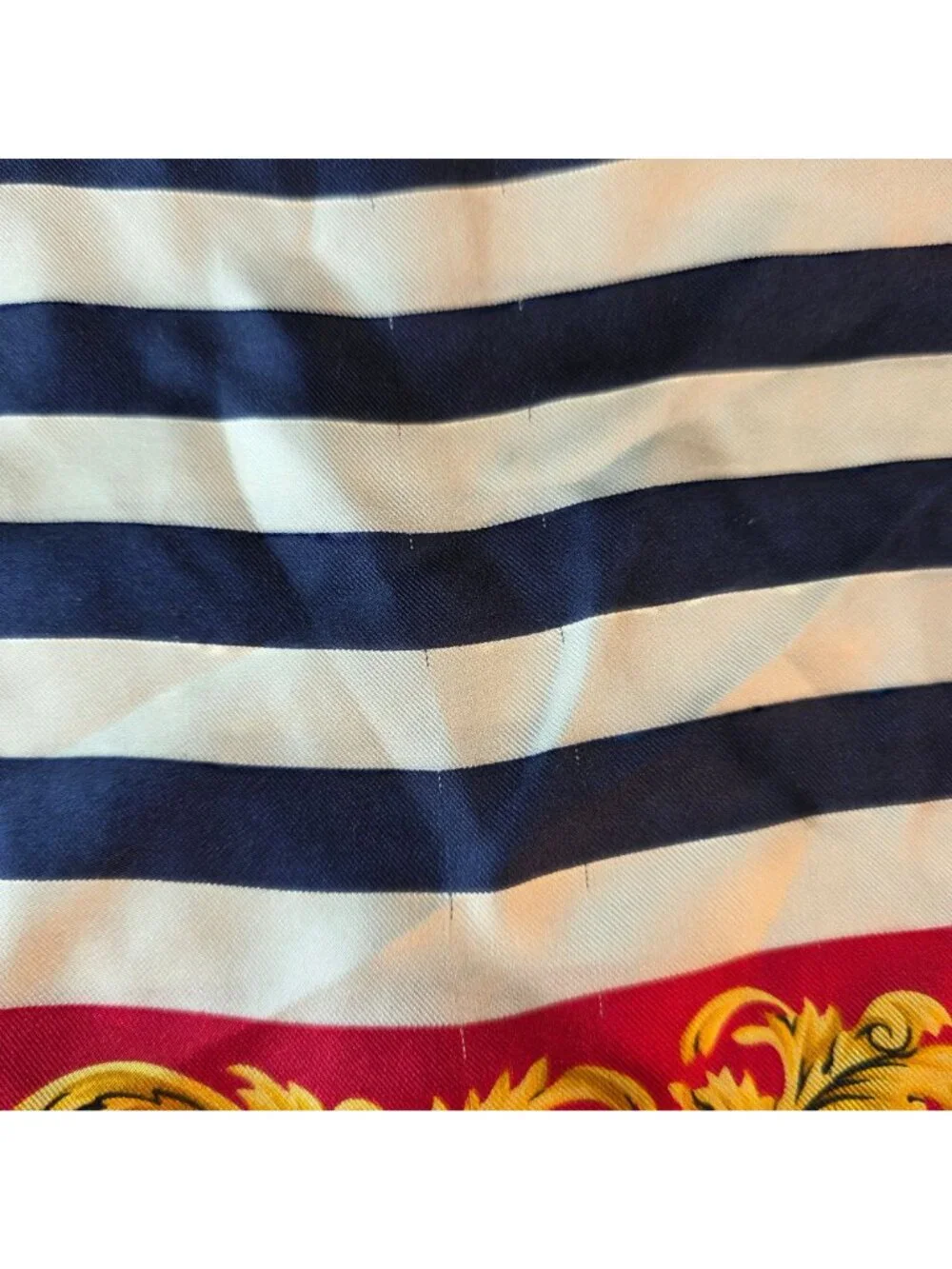 Ann Taylor Silk Scarf Red Gold Ornate Border Navy Stripes Made In Japan Vtg